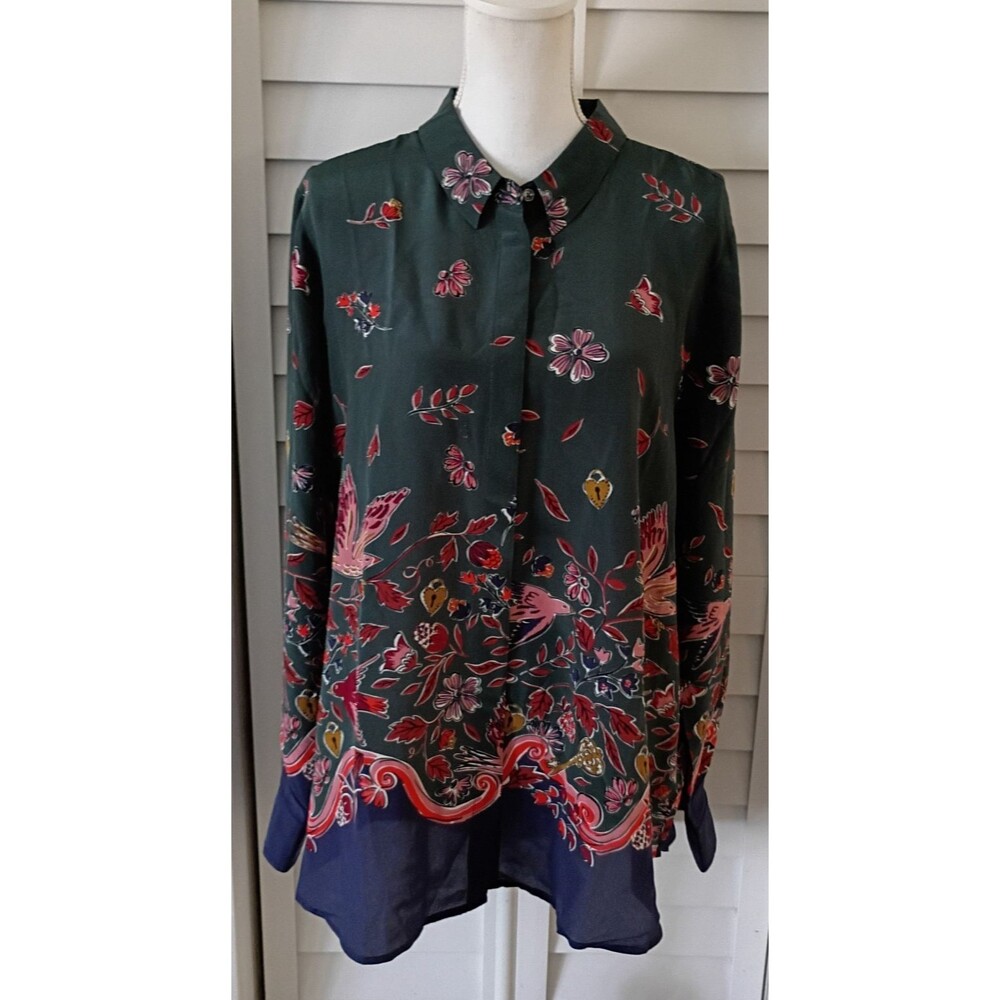 Boden Silk women's blouse button down long sleeve collar birds 16